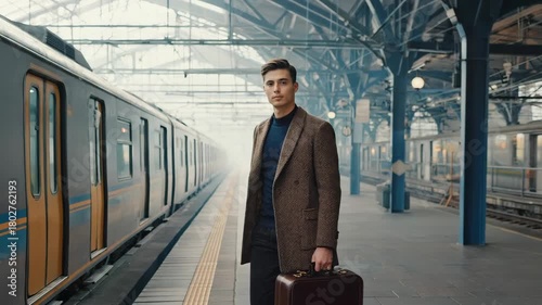 Wallpaper Mural Man waits at train station with suitcase in stylish outfit Torontodigital.ca