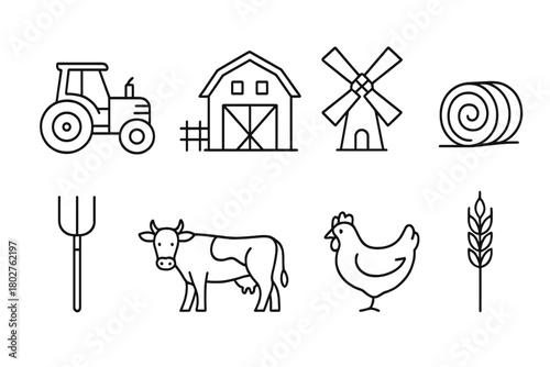 Farming Essentials Icons. Line style icons of Farming essentials: tractor, barn, windmill, hay bale, pitchfork, cow, chicken,