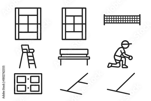 Tennis Court Icons. Line style icons of Tennis Court: Baseline, Service Box, Net, Umpire Chair, Bench, Ball Boy, Scoreboard, Lines