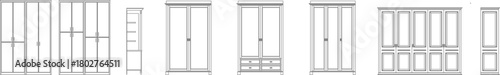 Vector elevation set of wardrobes, cabinets, and modular closets, featuring paneled and framed door styles.
