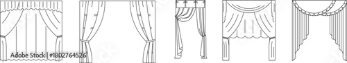 Vector elevation set of various curtain, drape, and valence styles for interior design window treatment details.