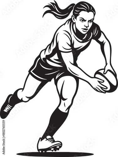 Black and white illustration of a female rugby player running with the ball, focused and determined.
