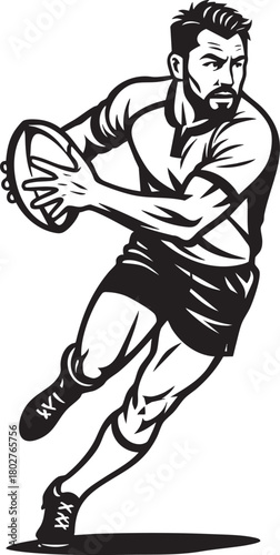 Rugby player in action, running with the ball, focused and determined, ready to score.