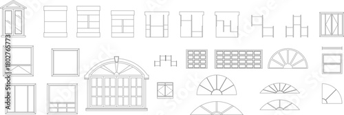 Vector elevation set of traditional, arched, and multi-pane window and door designs for classic architectural facades.