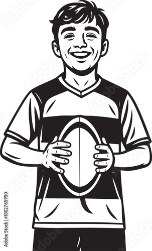 Illustration of a smiling boy holding a rugby ball.