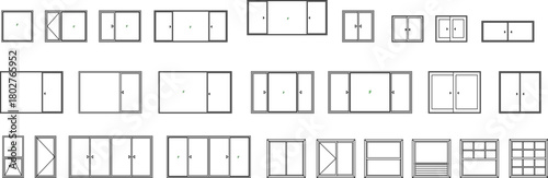 Extensive vector elevation set of diverse window and glass door styles for architectural building blueprints and facades.