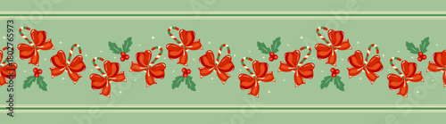 Green Christmas holiday concept seamless border pattern with red bows, striped candy canes with holly berries. Festive vintage style vector illustration