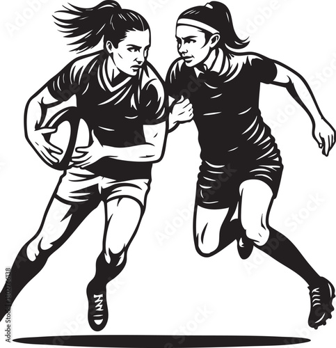 Two determined female rugby players in a dynamic black and white illustration, one carrying the ball while the other runs alongside.