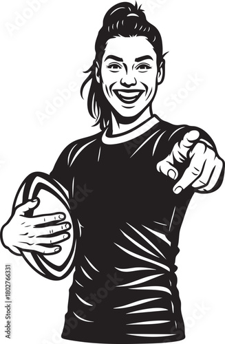 Enthusiastic woman pointing while holding a rugby ball, black and white vector.