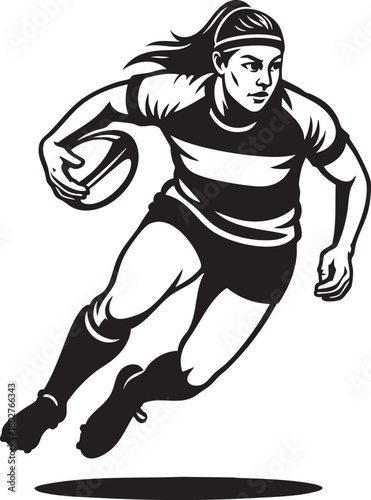 Illustration of a female rugby player running with the ball.