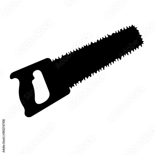 Silhouette of Hand Saw with Jagged Blade against White Background, Carpentry Tool and DIY Equipment