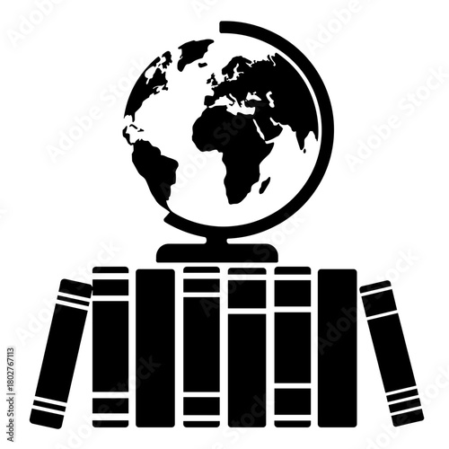 Silhouette of globe on textbooks, global education and academic diversity in knowledge dissemination