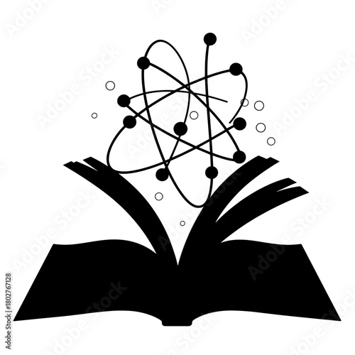 Open book with atomic illustration, science education and academic knowledge representation