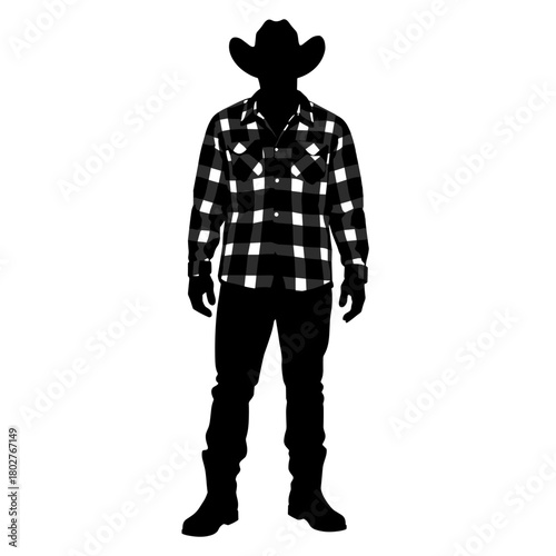 Silhouette of person in flannel shirt and cowboy hat on white background, outdoor and rural lifestyle fashion