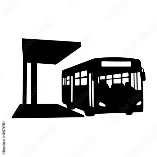 Bus station silhouette with platform and shelter, transportation infrastructure and urban transit symbol in black and white