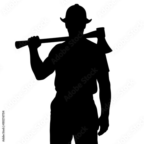 Silhouette of Lumberjack Holding Axe on Shoulder, Forestry and Woodcutting in Outdoor Environment