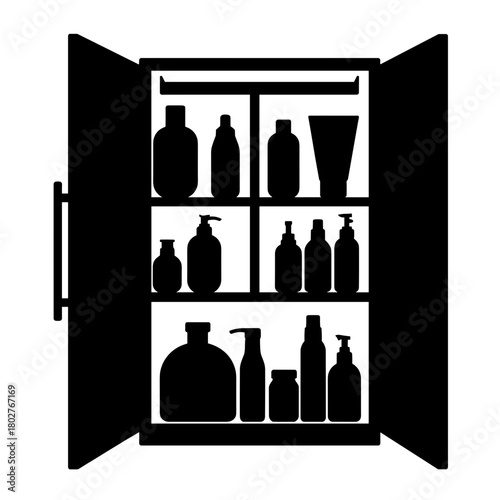 Silhouette of open bathroom cabinet with bottles and containers, personal care and hygiene storage solution