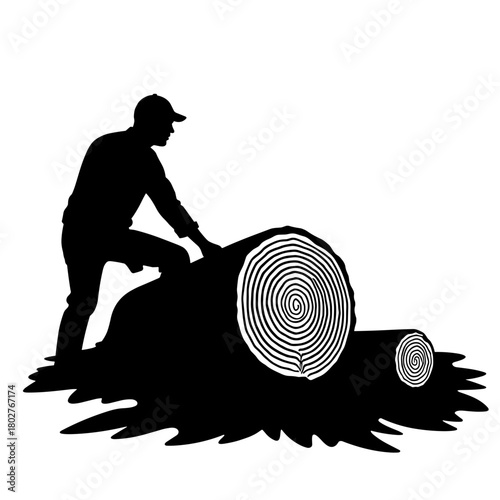 Silhouette of Lumberjack Inspecting Felled Tree with Visible Rings, Forestry Work and Logging Industry