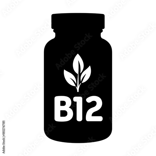 Silhouette of B12 supplement jar with sprout symbol, vitamin nutrition and vegan wellness concept