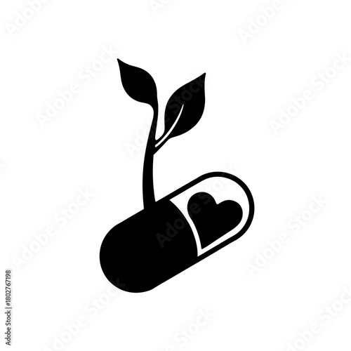 Silhouette of capsule with pea plant sprouting inside, natural health and sustainable nutrition concept