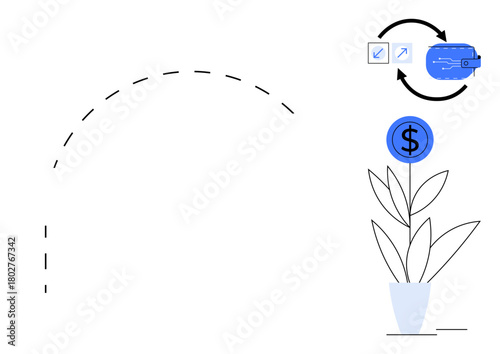 Money plant with dollar coin on its stem and transaction cycle icon. Ideal for concepts thumbs up financial growth, investment, savings, economic flow, passive income, fintech, simple flat metaphor