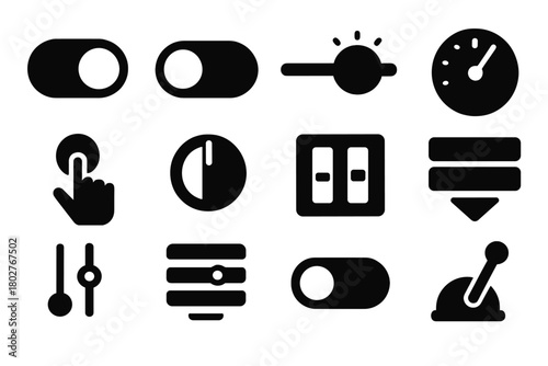 Interactive Control Icons. Solid style icons of interactive controls: toggle on, toggle off, slider bar, dial control, button