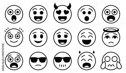 Collection of hand drawn outline emoji faces expressing a variety of emotions and moods