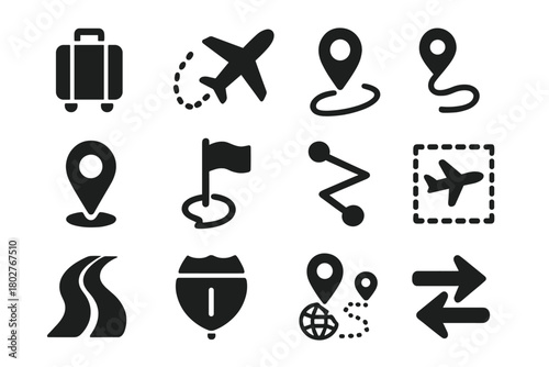 Travel Icons Collection. Solid style icons of travel and journey: suitcase icon, airplane route, journey path, travel pin,