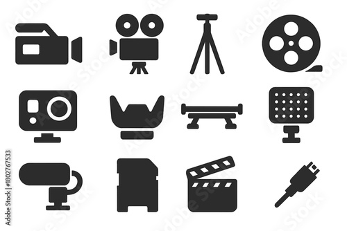 Video Equipment Icons. Solid style icons of video equipment: camcorder, film camera, tripod stand, video reel, action camera, lens