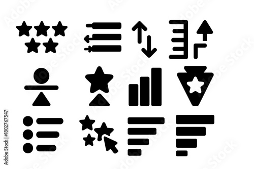 Solid Prioritization Icons. Solid style icons of prioritization and ranking: star ranking icon, list with arrows, reorder tool,