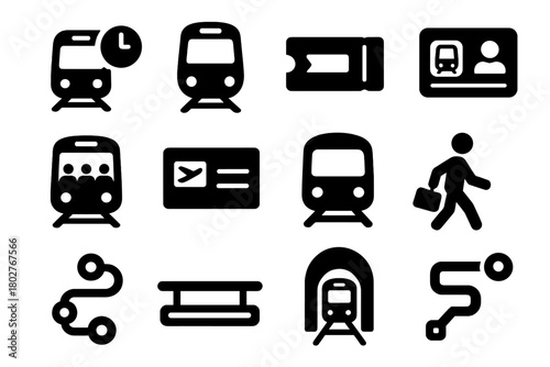 Commuting Icons. Solid style icons of commuting and public transit: train with clock, commuter rail icon, metro ticket, transit