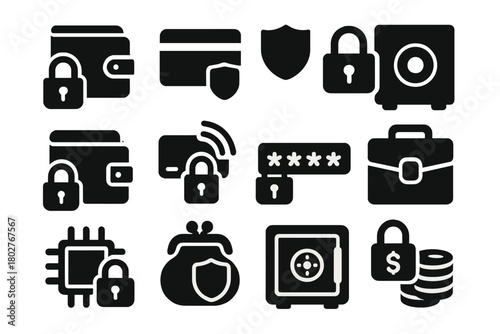 Secure Money Icons. Solid style icons of Secure money: padlock wallet, shielded card, safe cash, encrypted wallet, RFID protection