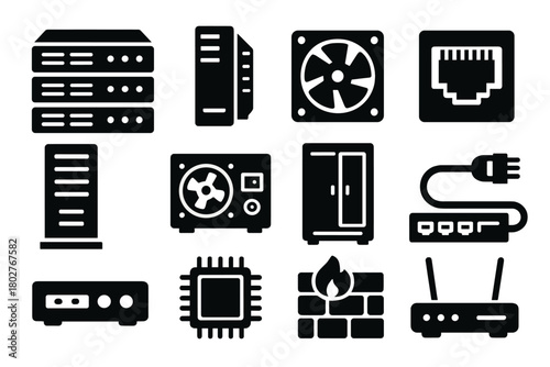Server Technology Icons. Solid style icons of server technology: rack server, blade server, cooling fan, ethernet port, storage
