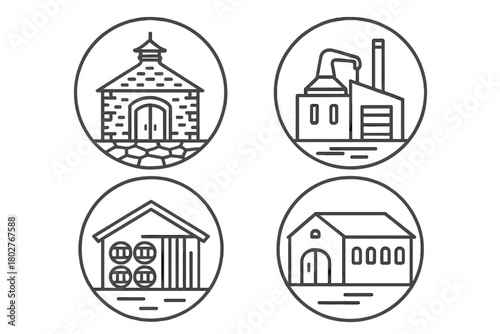 Distillery Icon Set. Line style icons of distillery buildings in round shape: traditional brick distillery, modern steel