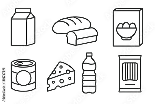 Supermarket Line Icons. Line style icons of Supermarket items: milk carton, bread loaf, egg carton, cereal box, canned food,