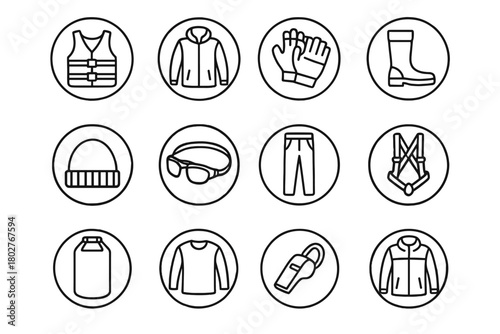 Sailing Outfit Essentials. Line style round vector icons of Savannah Landscape: Grassland, Distant Hills, Dust Storm, Baobab Tree;