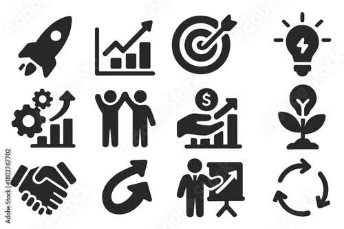 Startup Icons Collection. Solid style icons of Startup growth: rocket launch, graph boost, target arrow, innovation lightbulb,