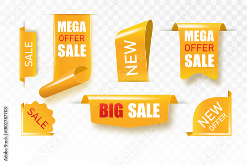 Golden satin ribbon tag. Gold textile label for sale promotion text. Discount and special offer badge. Vector