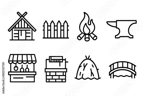 Viking Village Icons. Line style icons of Viking village: wooden hut, fence, bonfire, blacksmith anvil, marketplace stall, well,