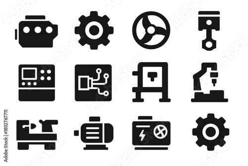 Industrial Machine Icons. Solid style icons of Machines: engine block, mechanical gear, turbine, piston, control panel, circuit