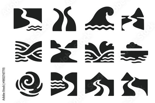 Meeting Waters Icons. Solid style icons of Meeting Waters: river joining sea, merging streams, tidal wave, saltwater mix, estuary