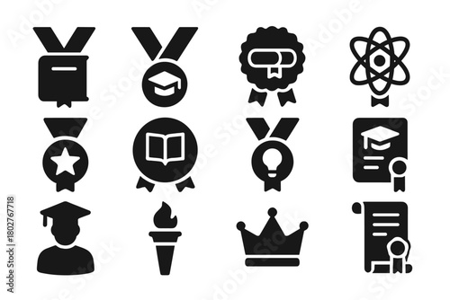 Academic Medal Icons. Solid style icons of Academic medals: book with ribbon, graduation medal, diploma seal, science award,