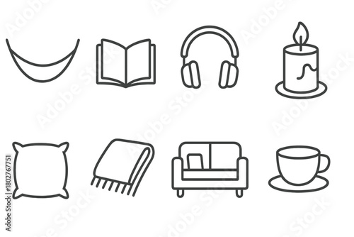 Relaxation Icons. Line style icons of Relaxation: Hammock, Book, Headphones, Candle, Cushion, Blanket, Tea Cup, Sofa, No text, No