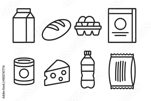 Supermarket Line Icons. Line style icons of Supermarket items: milk carton, bread loaf, egg carton, cereal box, canned food,