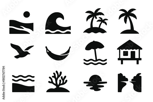 Tropical Paradise Icons. Solid style icons of Tropical Scenery: sandy beach, ocean wave, island view, palm shadow, seagull flying,