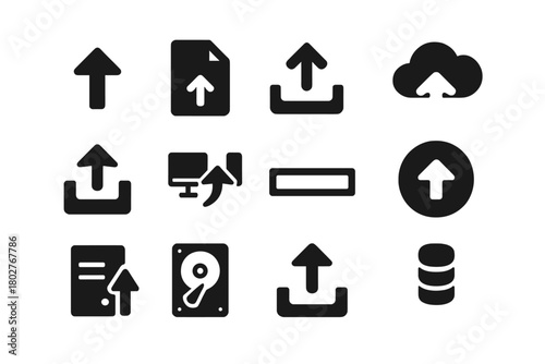 Upload Icon Set. Solid style icons of upload actions: arrow pointing up, file with up arrow, upload tray, upload to cloud, arrow