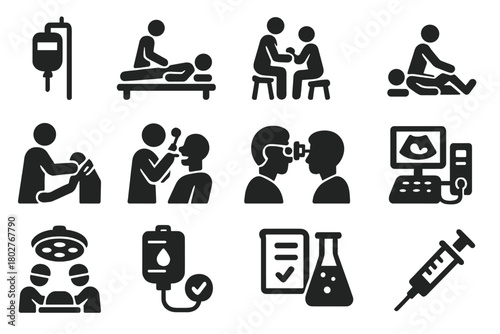 Medical Treatment Icons. Solid style icons of Treatment methods: infusion drip, physical therapy, occupational therapy, rehab