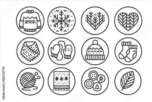 Seasonal Knitting Icons. Line style icons of seasonal knitting in round shape: holiday sweater, snowflake pattern, heart motif,