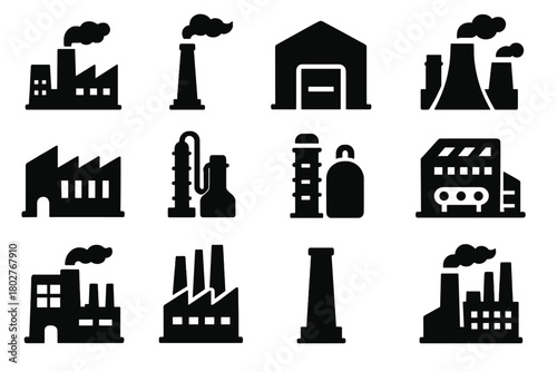 Industrial Facility Icons. Solid style icons of Factory buildings: industrial plant, smokestack, warehouse, power station,
