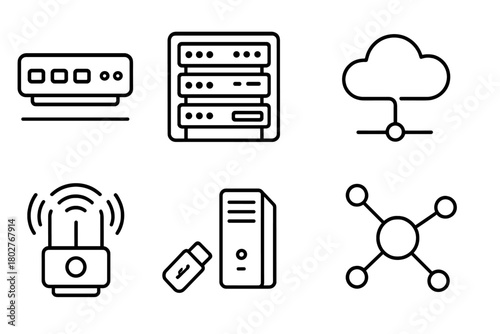 Networking Devices Icons. Line style icons of Networking devices: switch, server rack, ethernet port, cloud connection, signal